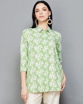 women leaf print tunic with spread collar