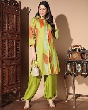 women leaf printed a-line kurta & dhoti pants set