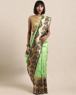 women leaf woven cotton silk saree