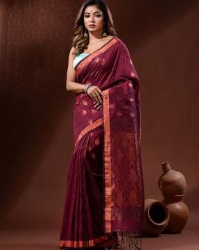 women leaf woven linen saree with tassels