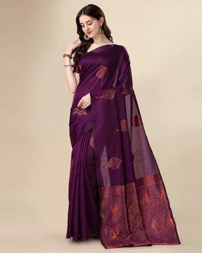 women leaf woven saree with contrast pallu