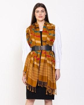 women leaf woven stole with fringes