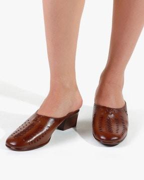 women leather round-toe chunky heels
