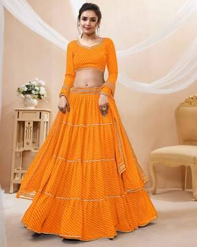 women leheriya print flared lehenga choli set with dupatta