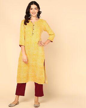 women leheriya print no darts straight kurta