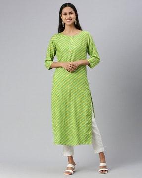 women leheriya print round-neck straight kurta