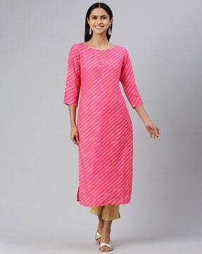 women leheriya print round-neck straight kurta