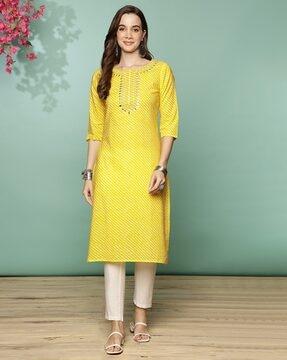 women leheriya print straight kurta & pants set