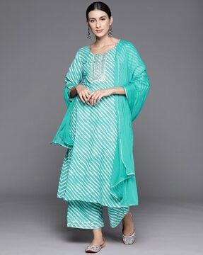 women leheriya print straight kurta with pants & dupatta