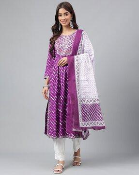 women leheriya print straight kurta with pants & dupatta