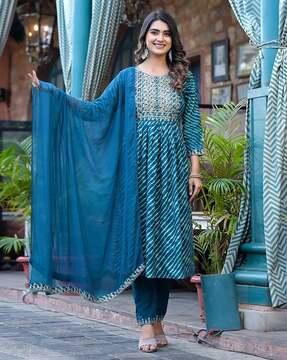 women leheriya print straight kurta with pants & dupatta