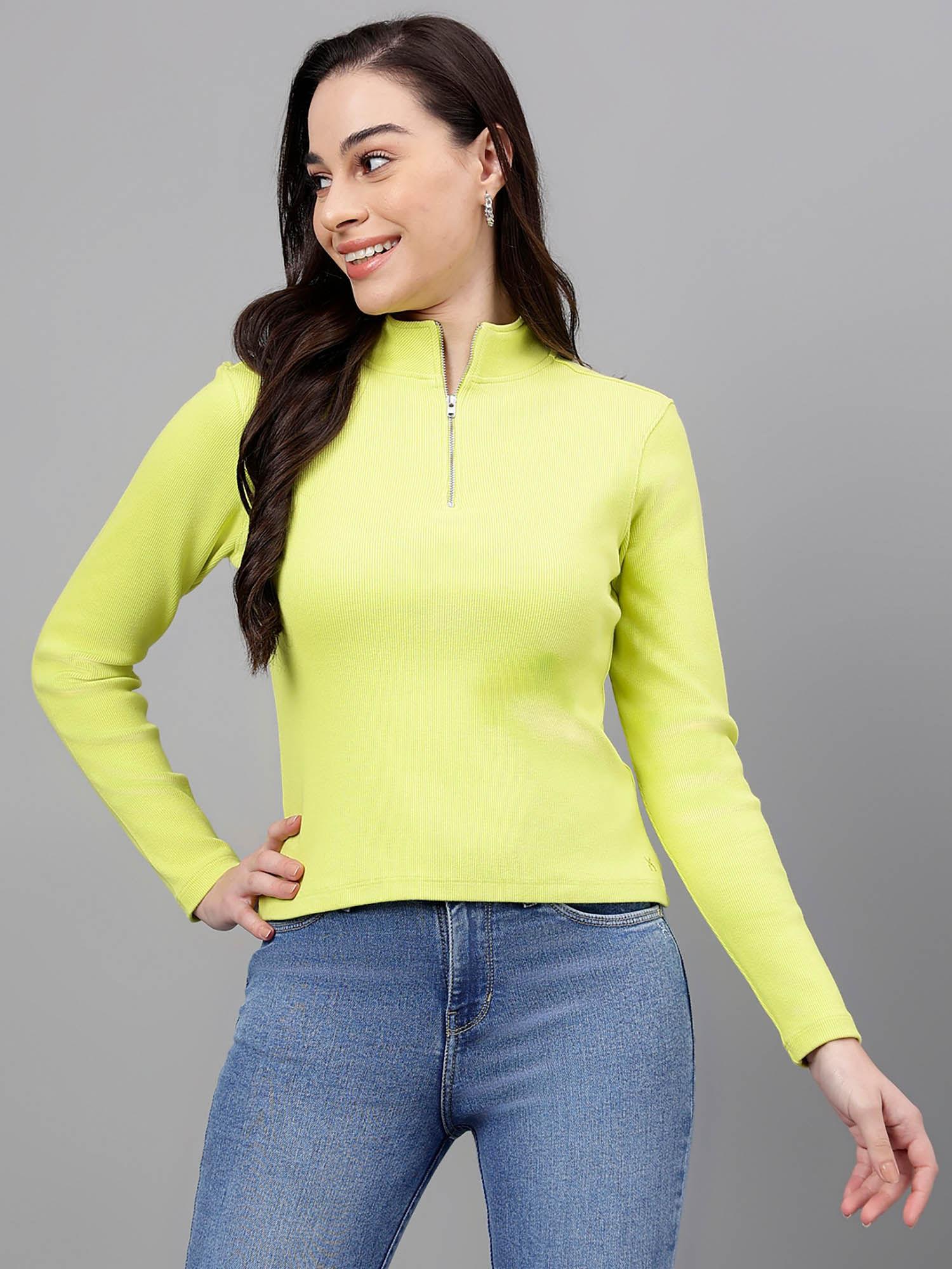 women lemon high neck ribbed fitted top