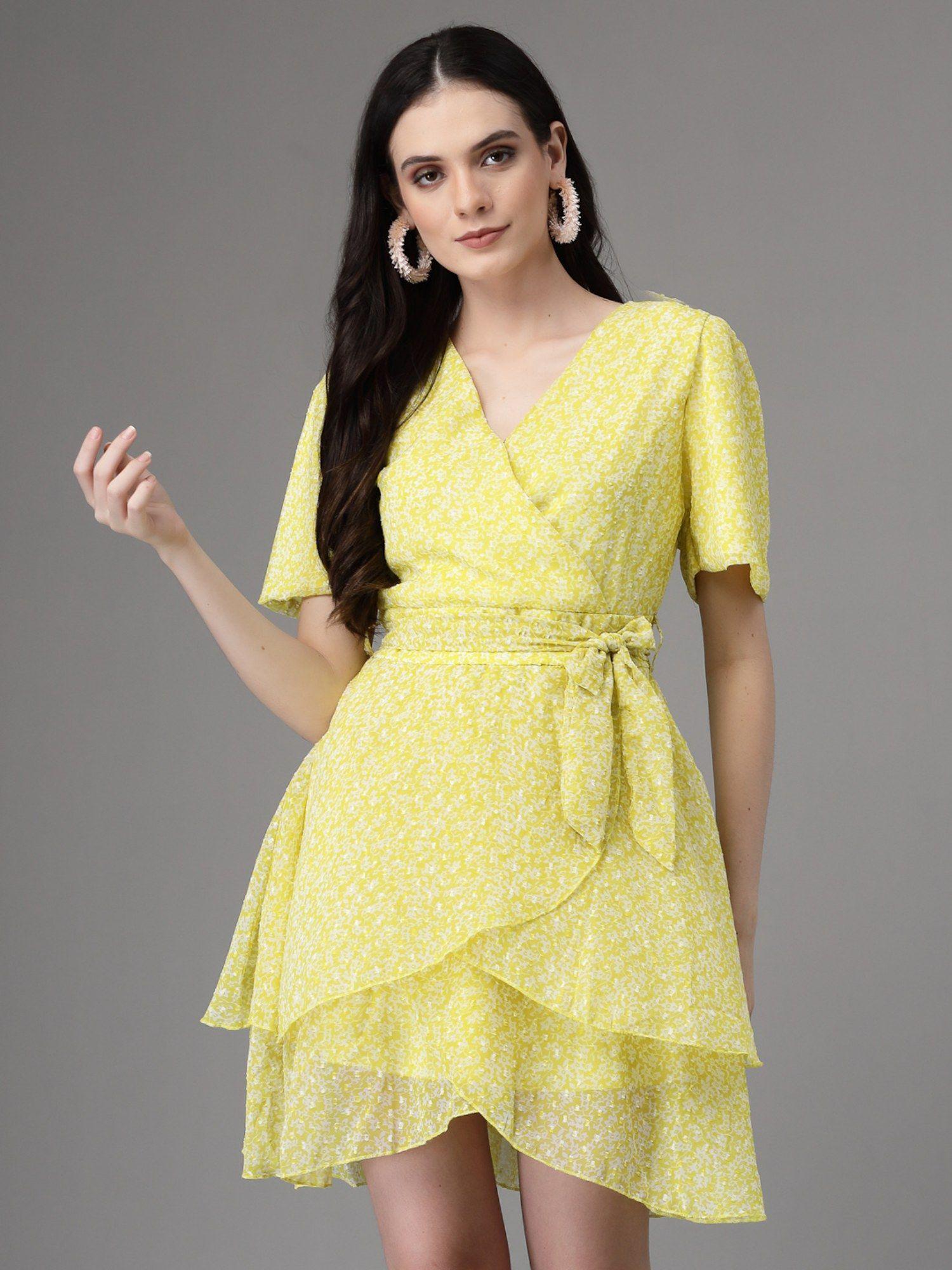 women lemon v-neck half sleeve dress with belt (set of 2)