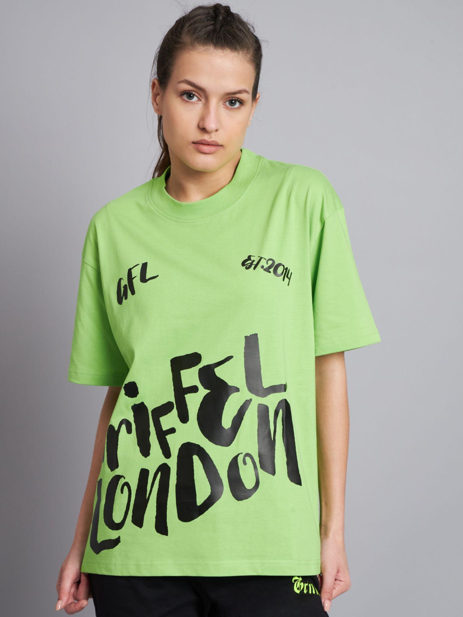 women letters drop shoulder oversized neon parrot t-shirt