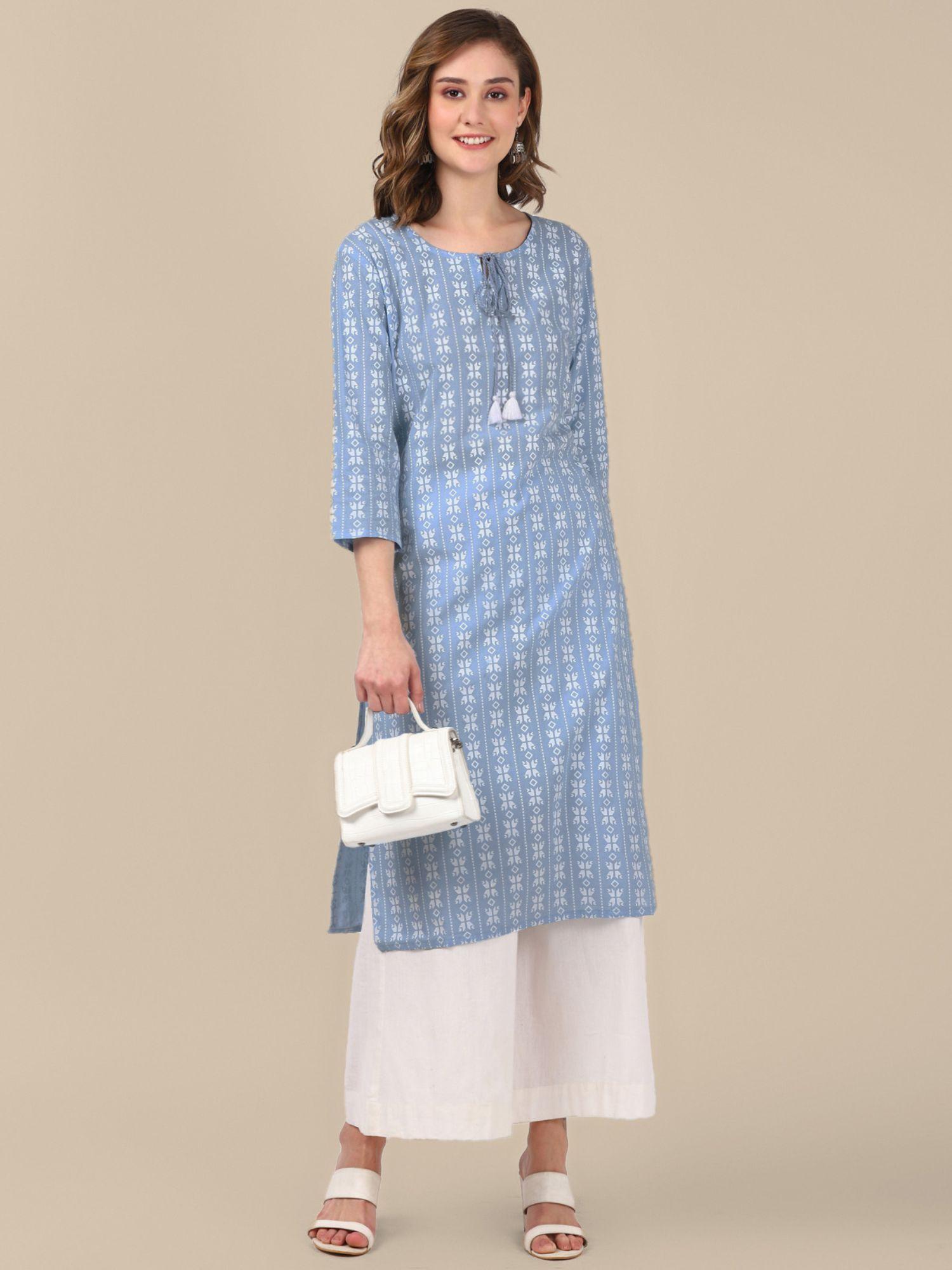 women light blue all over ethnic printed knee length straight kurta