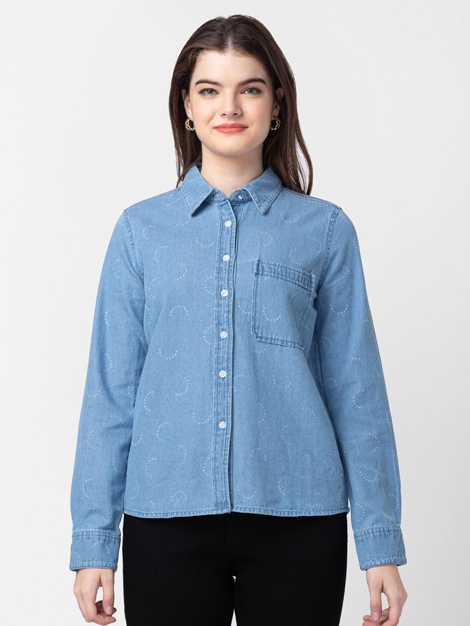 women light blue cotton slim fit denim shirt