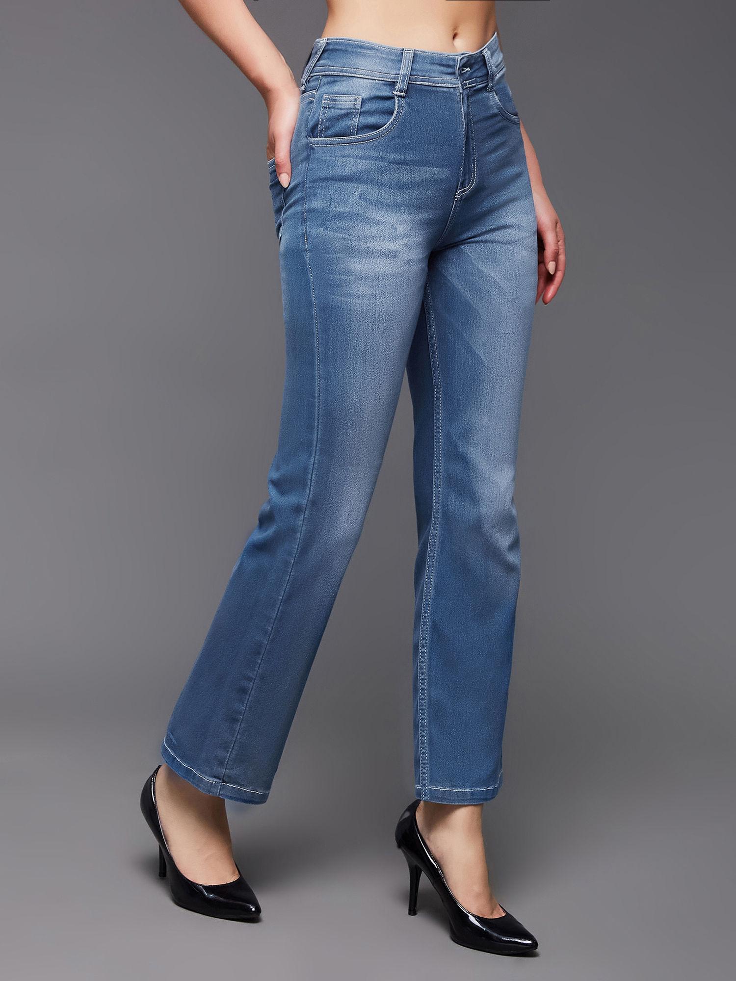 women light blue mid rise clean look regular length blast effect denim jeans