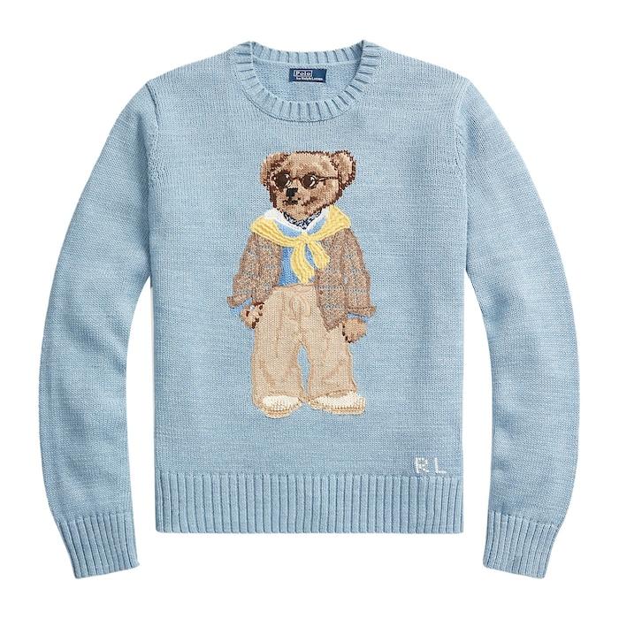 women light blue polo bear cotton crewneck sweater