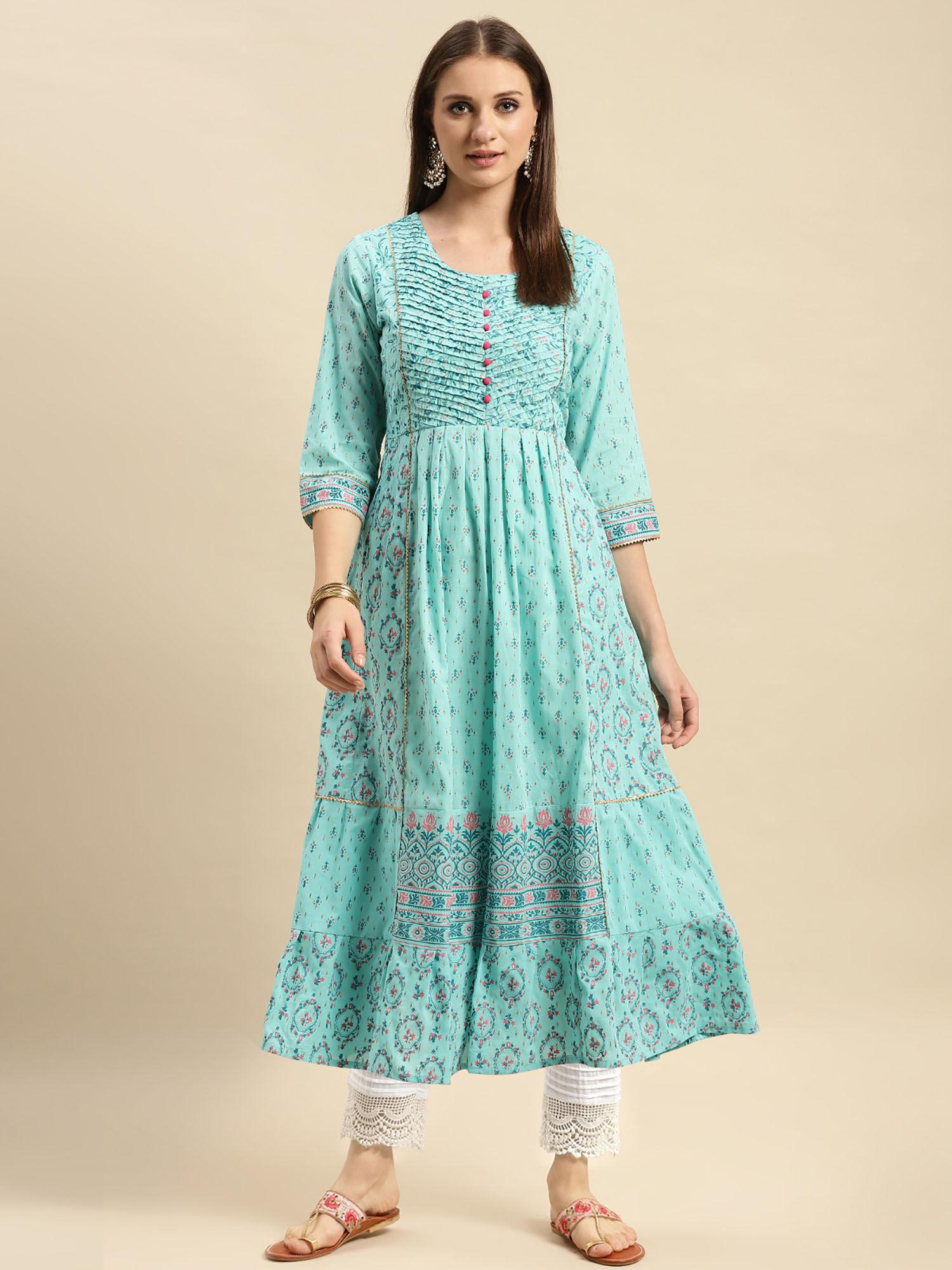 women light blue printed anarkali kurta with pant (set of 2)