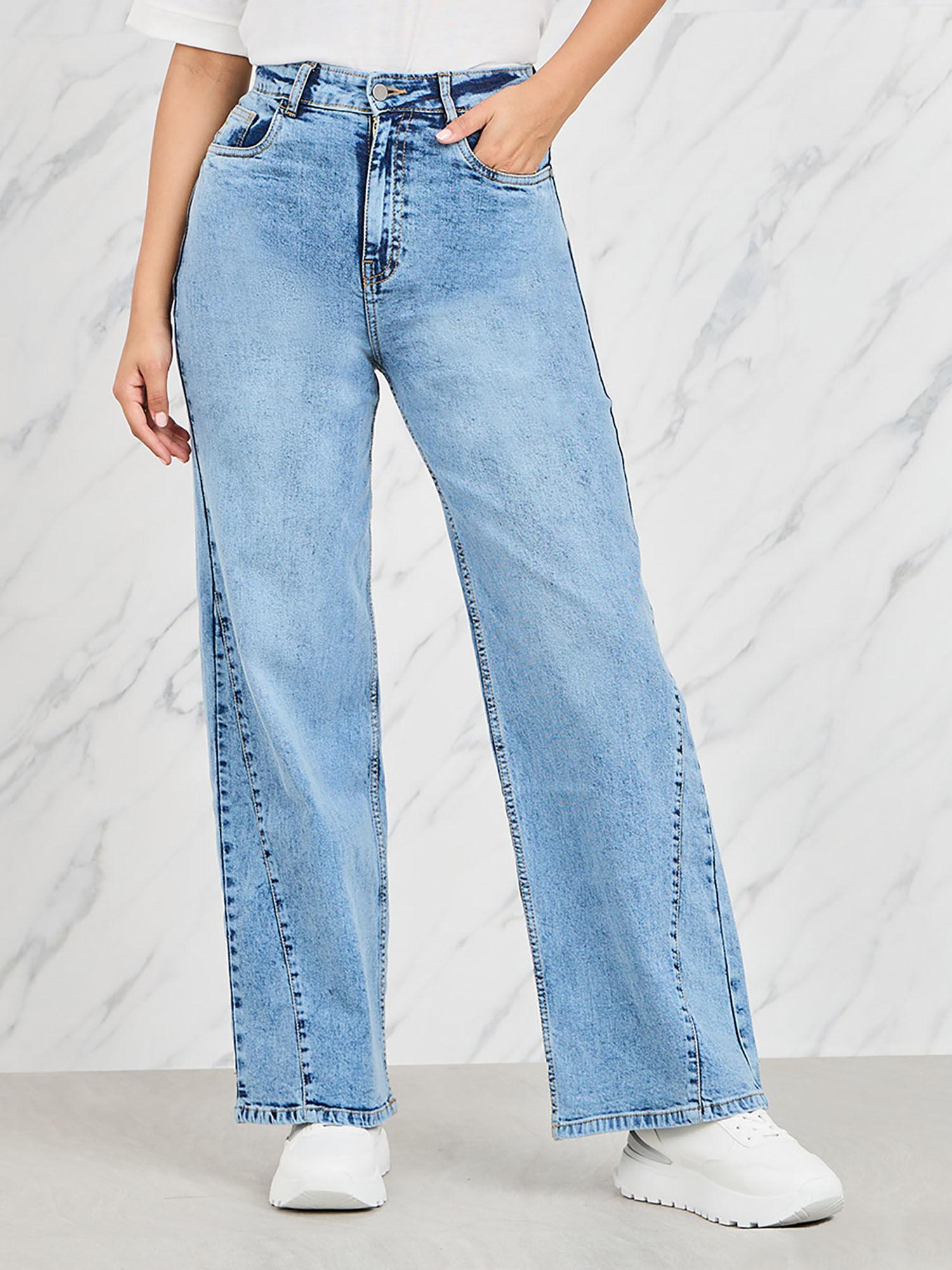 women light blue side cut & sew panel straight fit stretchable denim jeans cotton