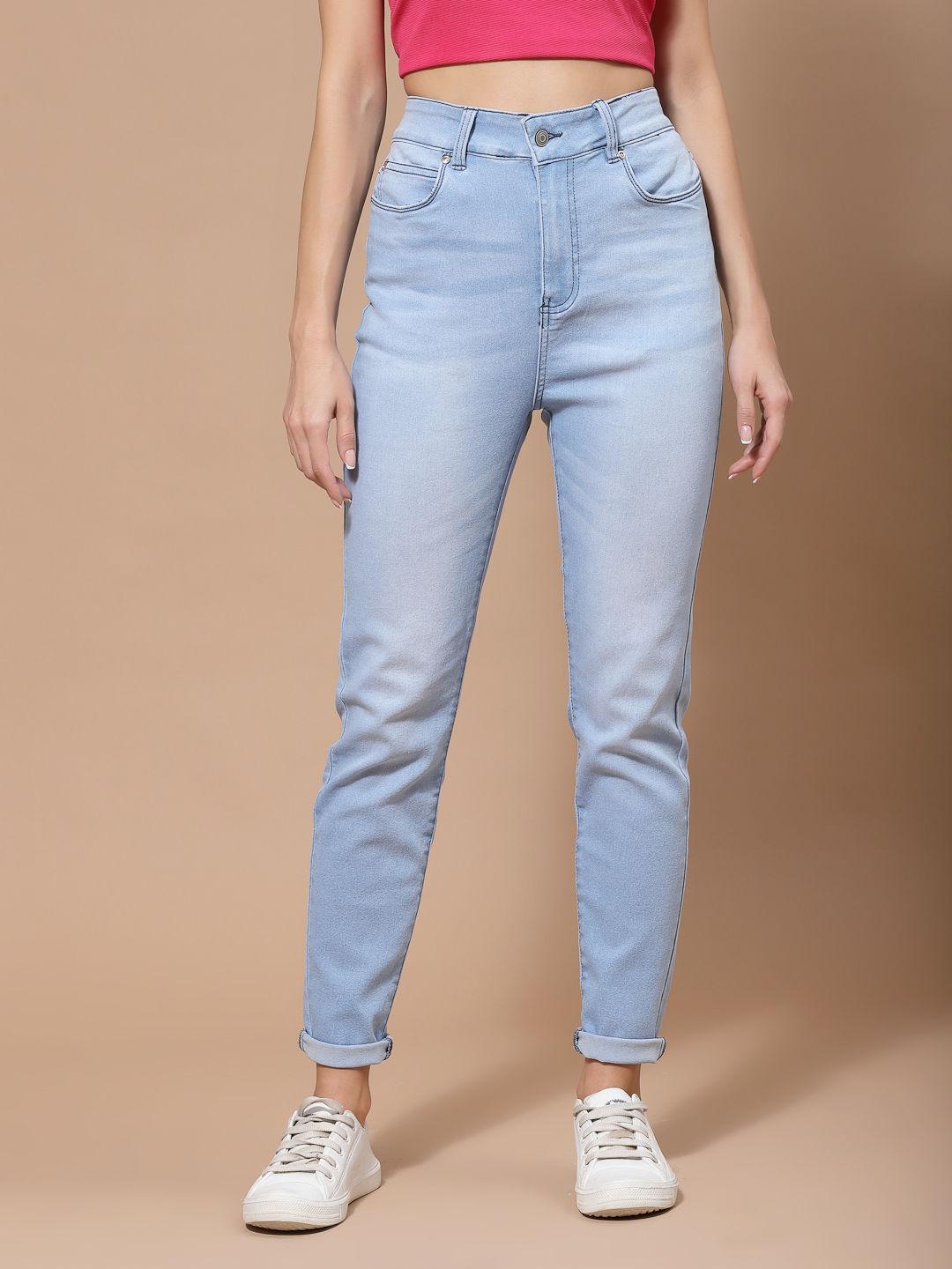 women light blue slim fit whiskers jeans