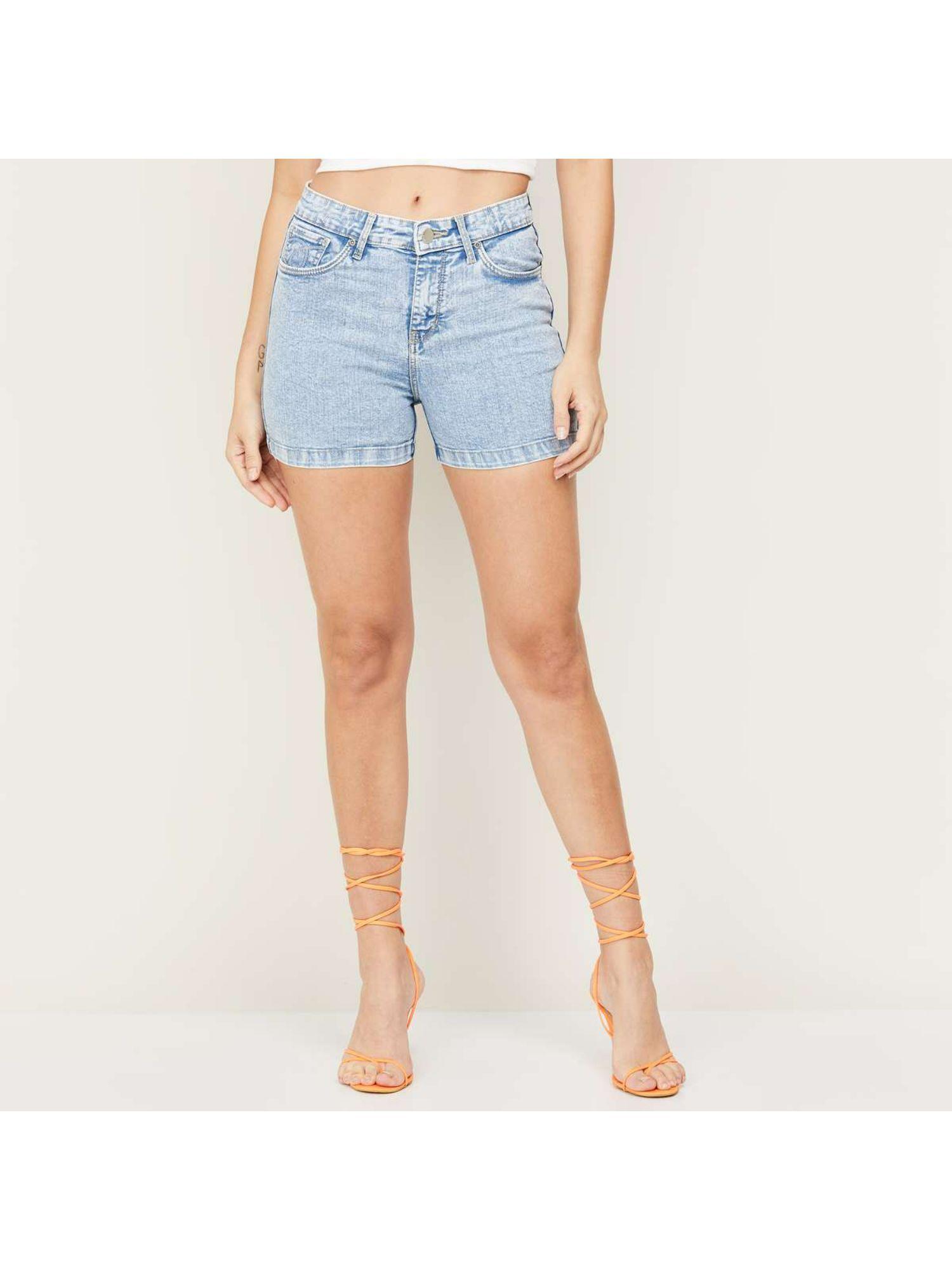 women light blue solid slim fit denim shorts