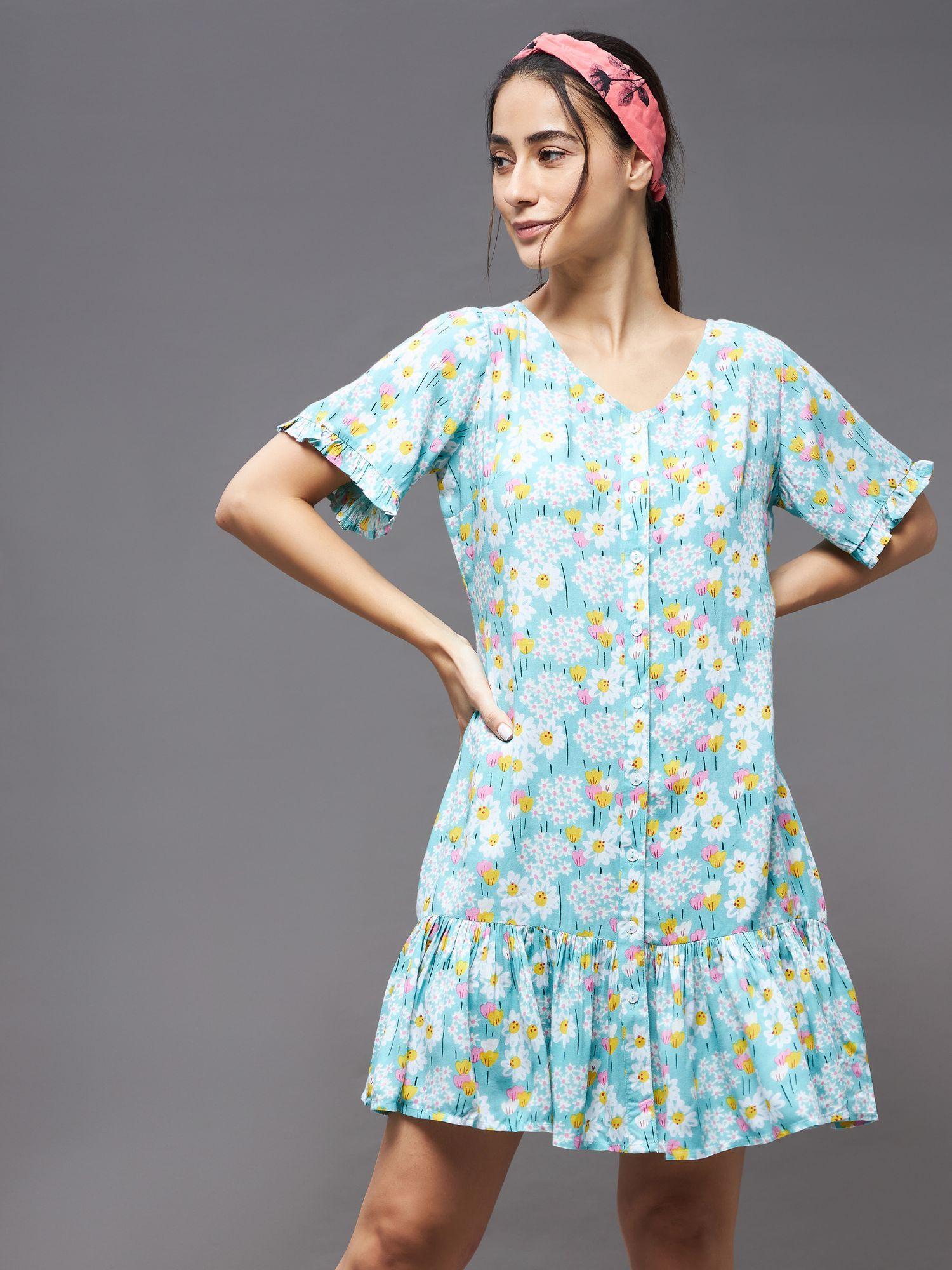 women light blue v neck short sleeve floral ruffled hem knee-long shift dress