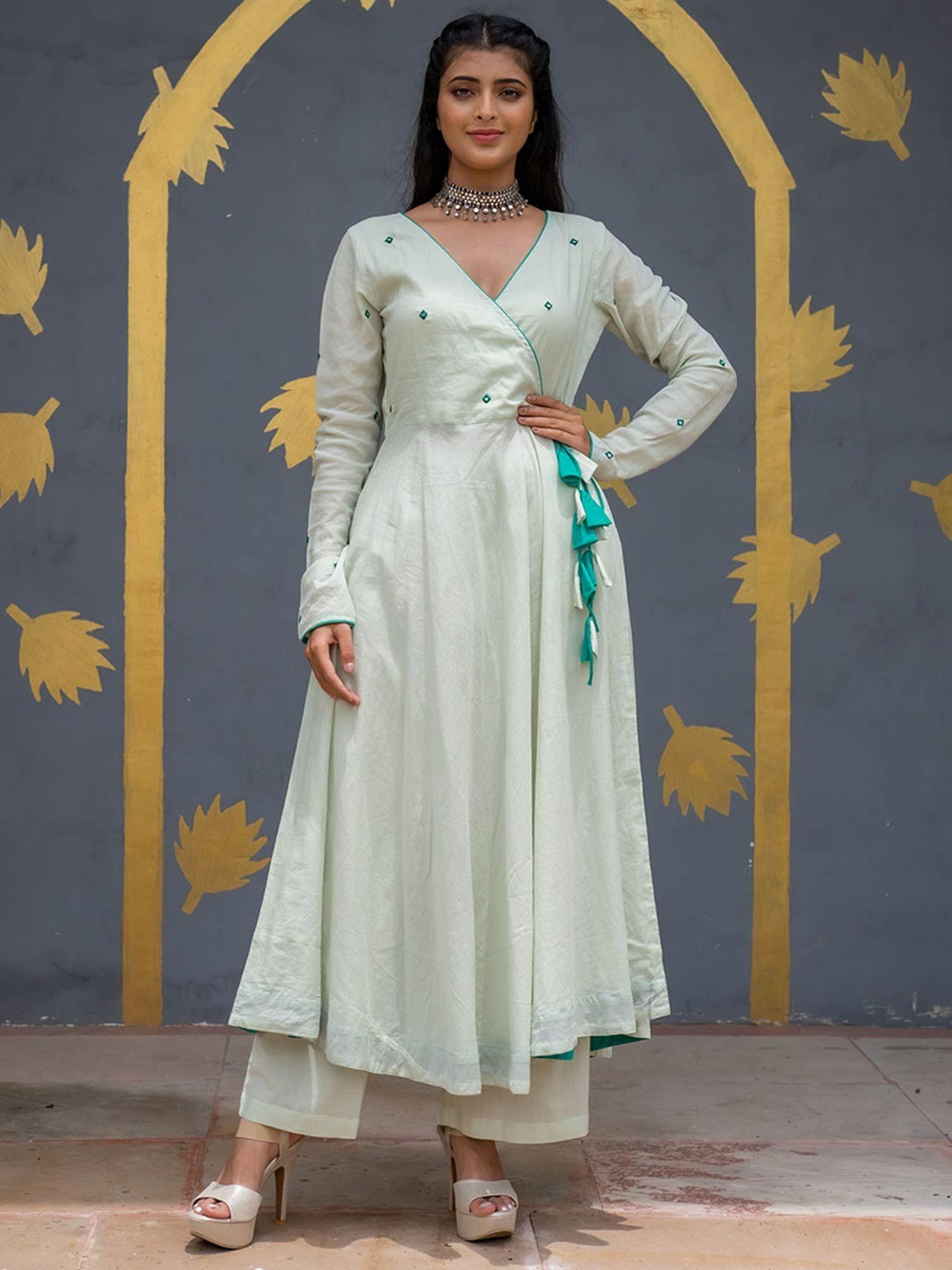 women light green angrakha style cotton flared kurta with palazzos