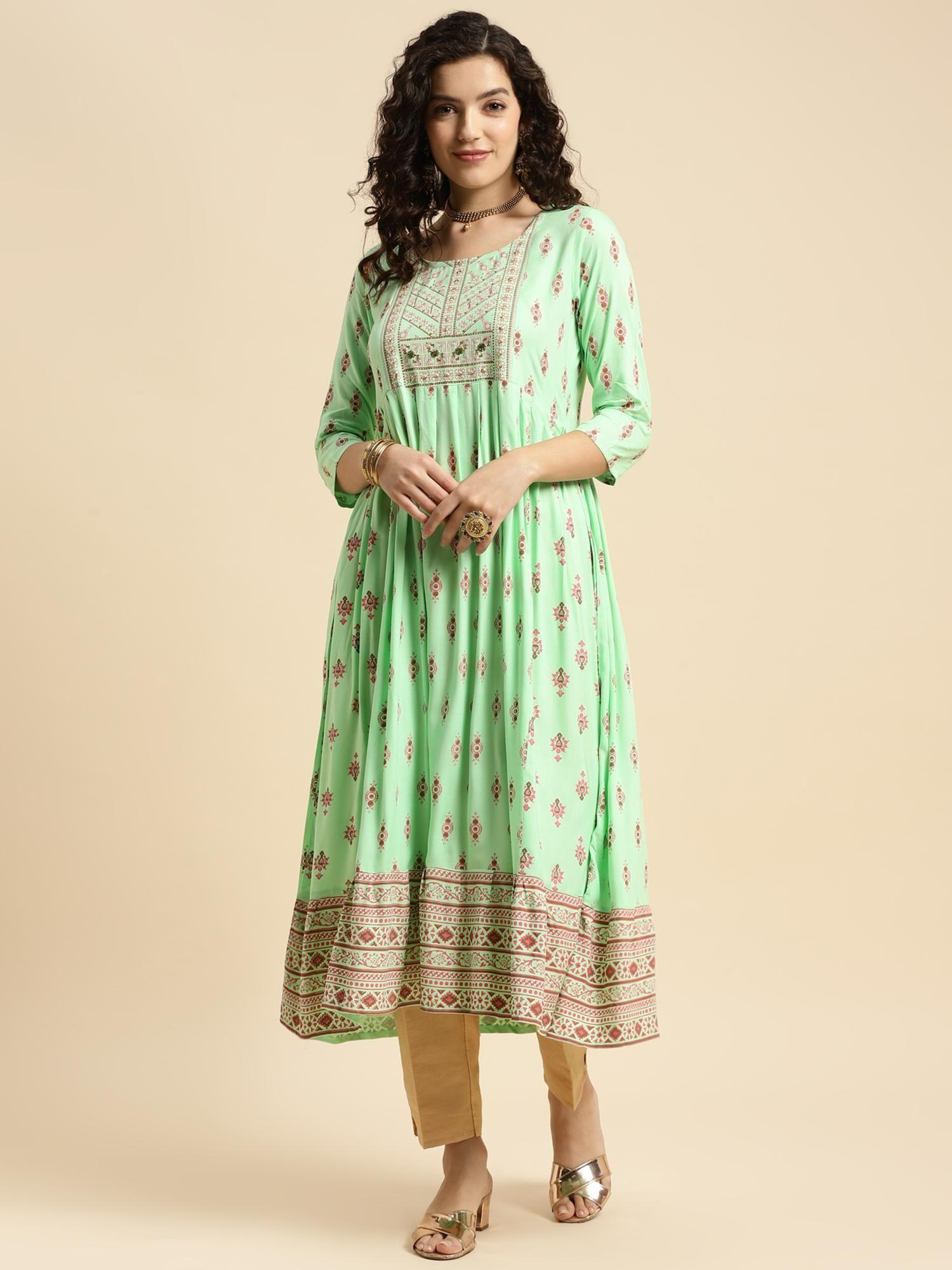 women light green rayon embellished calf length anarkali kurta