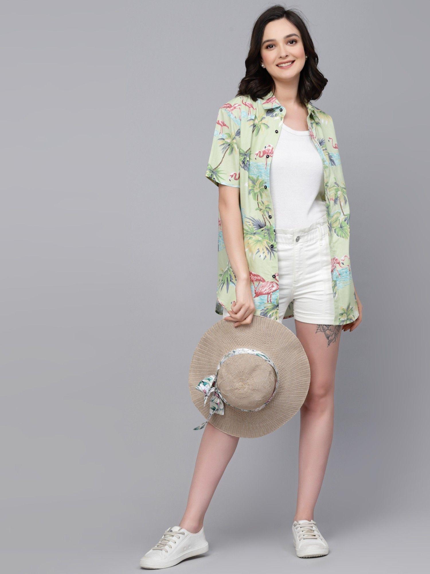 women light green tropical print oversize smart casual shirt