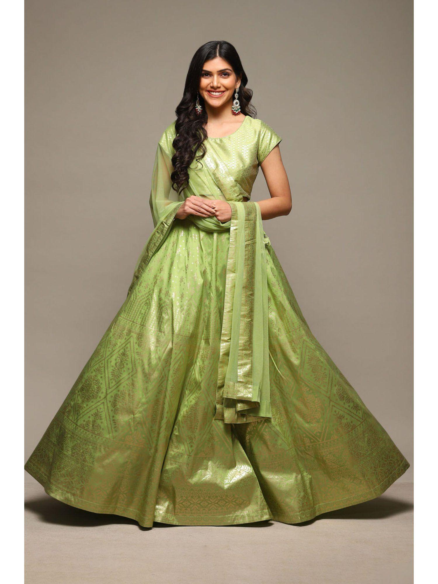 women light green woven poly taffeta lehenga (set of 3)