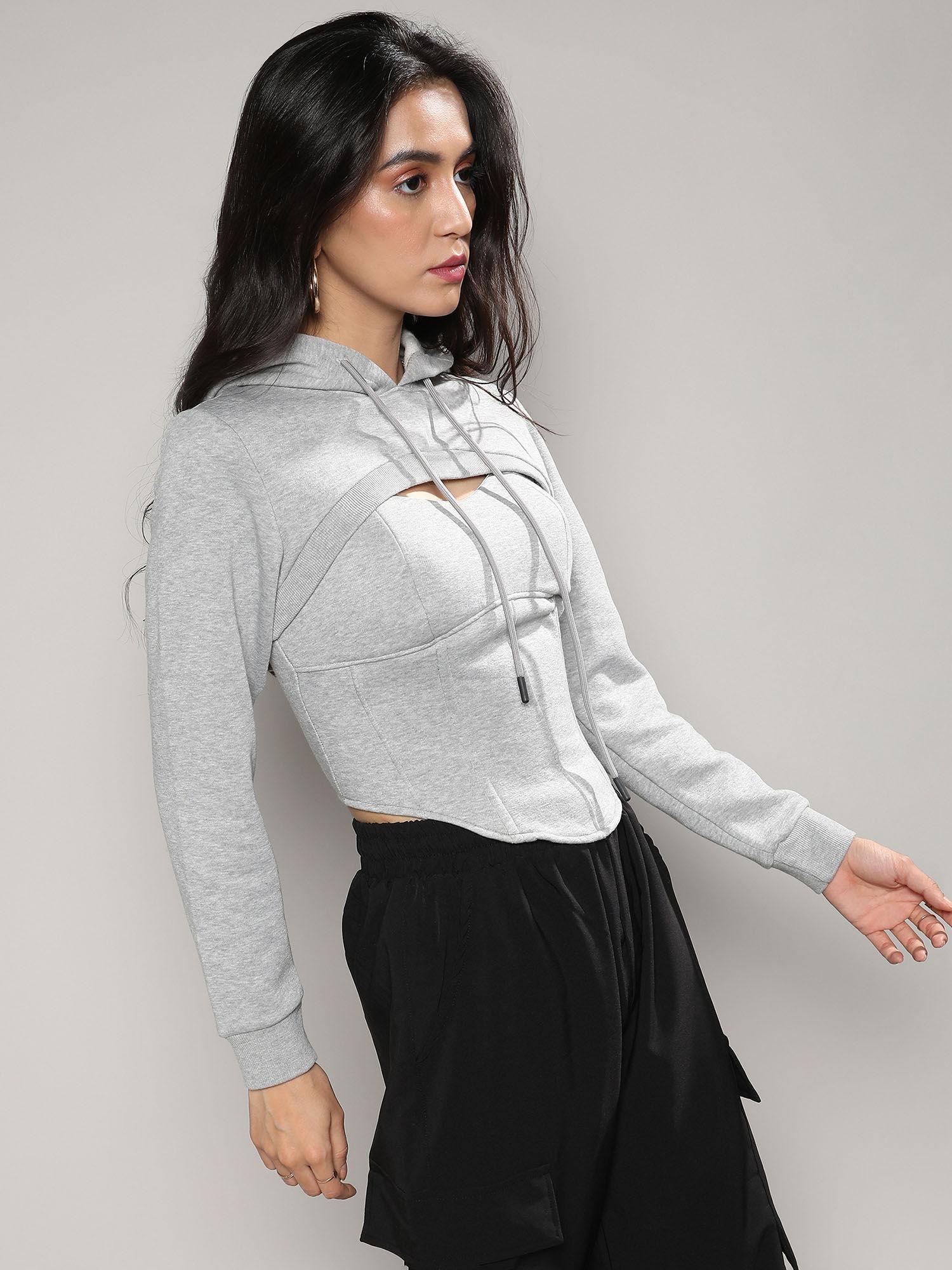 women light grey corset top with ultra cropped hoodie (set of 2)