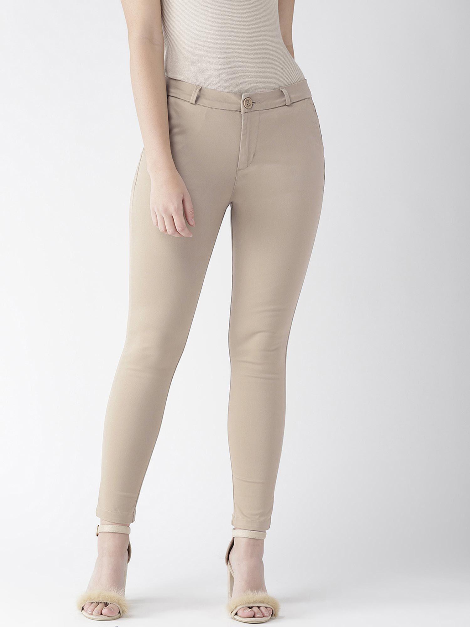 women light khaki tapered fit skinny formal trousers