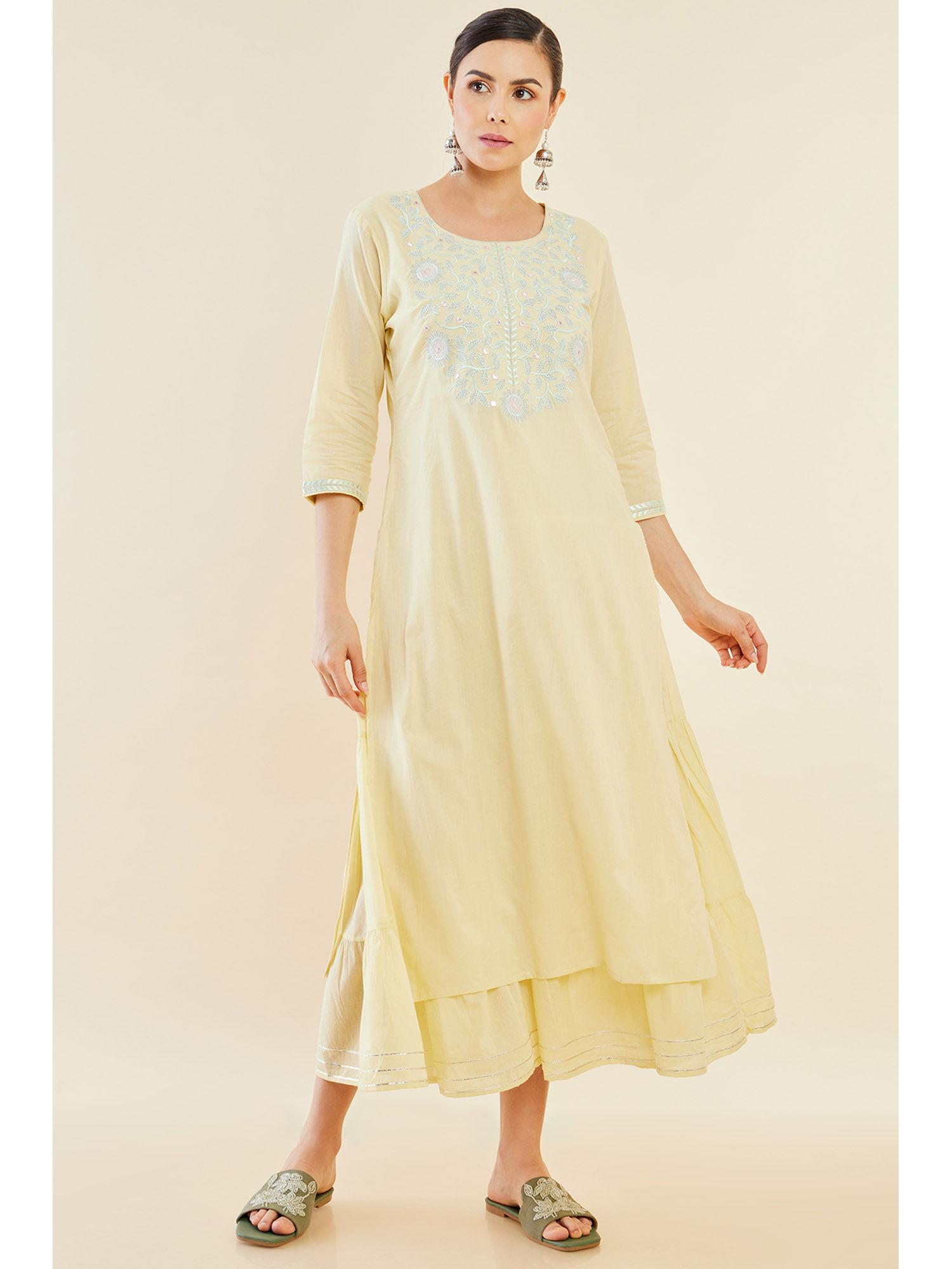 women light yellow cotton layered and tiered kurta