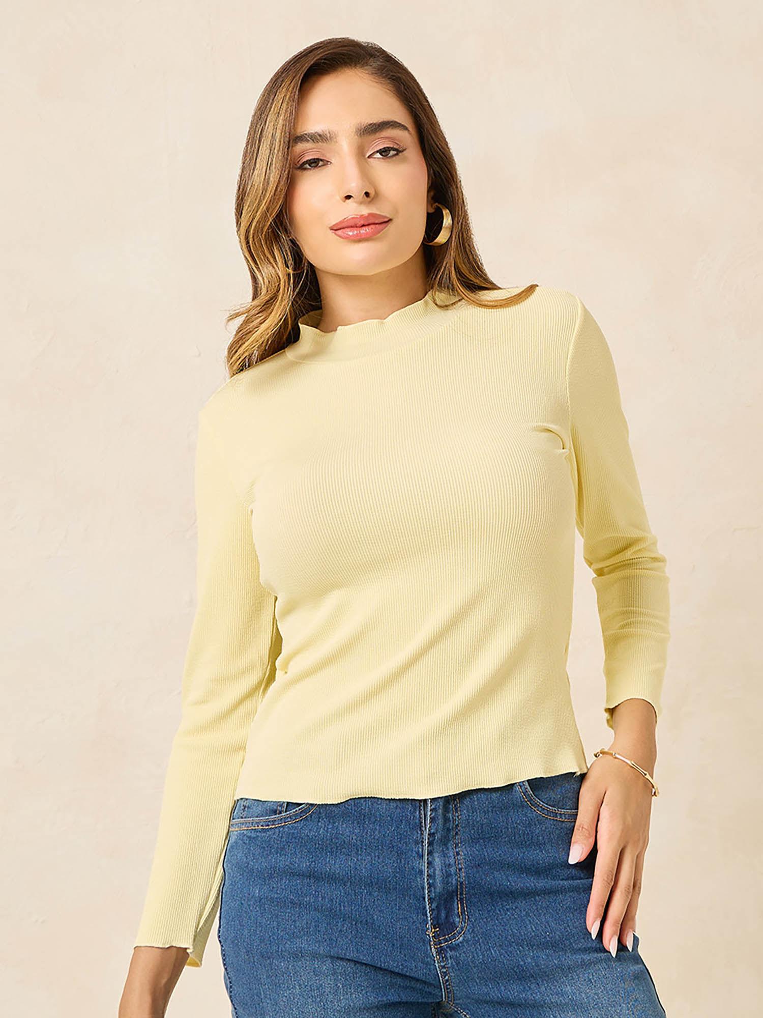 women light yellow high neck & full sleeves with lettuce edge rib cotton top