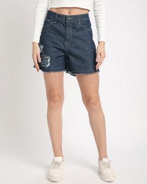 women lightly-distressed cotton denim shorts