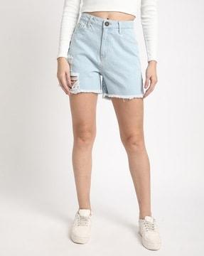 women lightly-distressed denim shorts