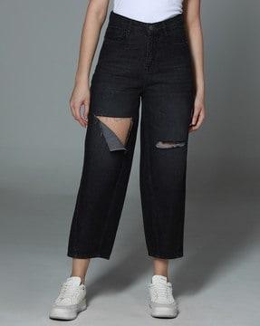 women lightly-distressed straight jeans