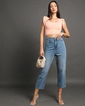 women lightly washed boyfriend fit cropped jeans