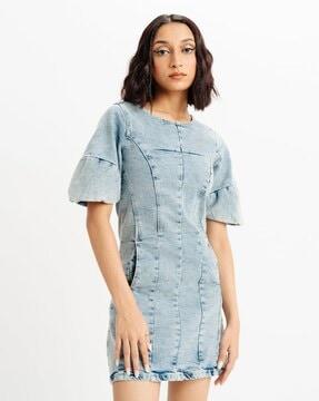 women lightly washed denim a-line dress