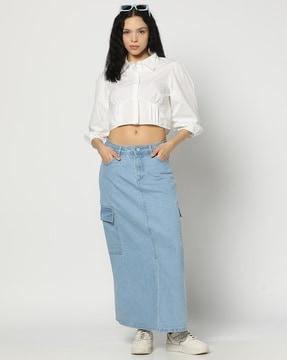 women lightly washed denim straight skirt