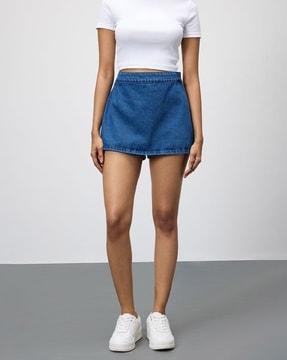 women lightly washed denim straight skorts