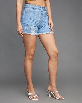 women lightly washed distressed denim shorts
