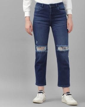 women lightly washed distressed regular fit jeans