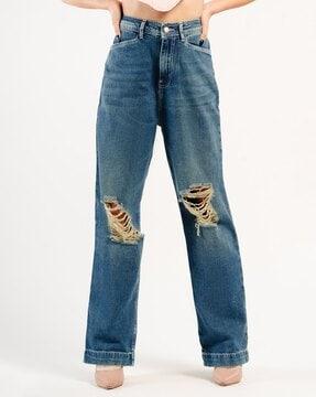 women lightly washed distressed straight fit jeans