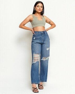 women lightly washed distressed straight fit jeans