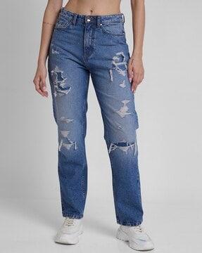 women lightly washed distressed straight fit jeans