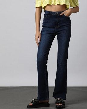 women lightly washed flared jeans