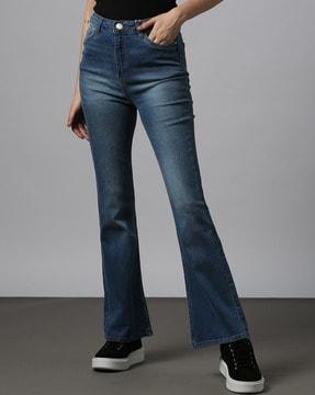 women lightly washed flared jeans