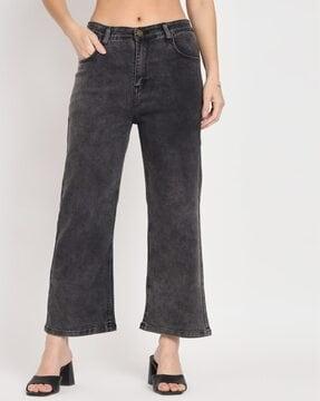 women lightly washed flared jeans